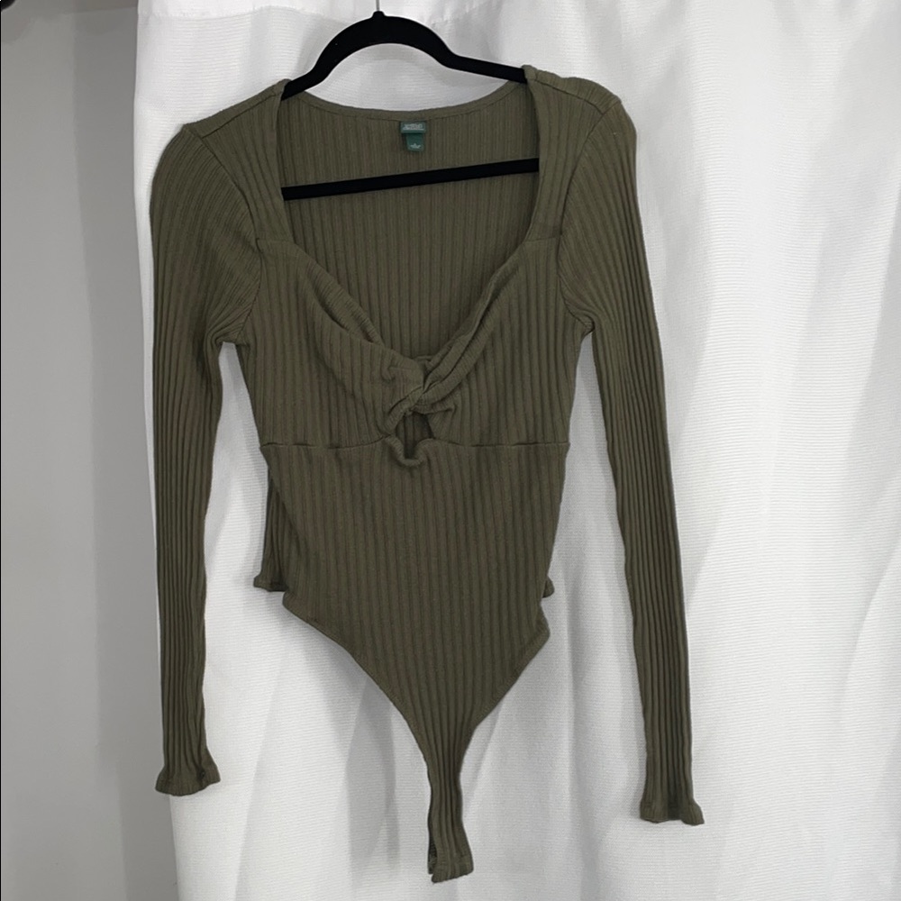 Ribbed Knot Front Long sleeve thong bodysuit sweater